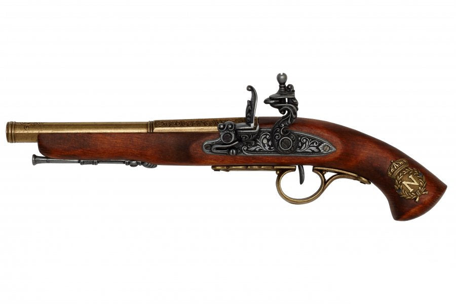 Left handed Napoleonic flintlock pistol replica with antique brass finish and historically inspired military design