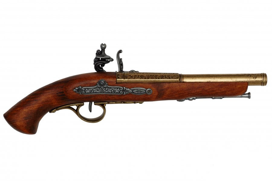 Right side display of left handed Napoleonic flintlock pistol replica featuring brass construction and realistic details