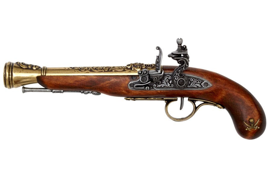 Left handed Denix pirate flintlock blunderbuss replica pistol with brass finish for collectors reenactors and historical displays