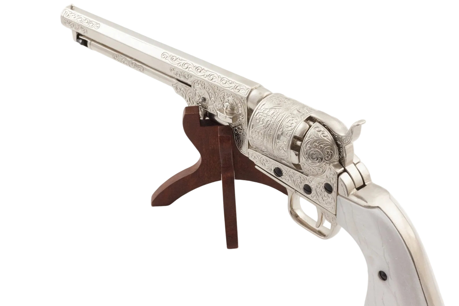 Faux pearl grip detail on the Denix M1851 engraved silver Navy pistol replica