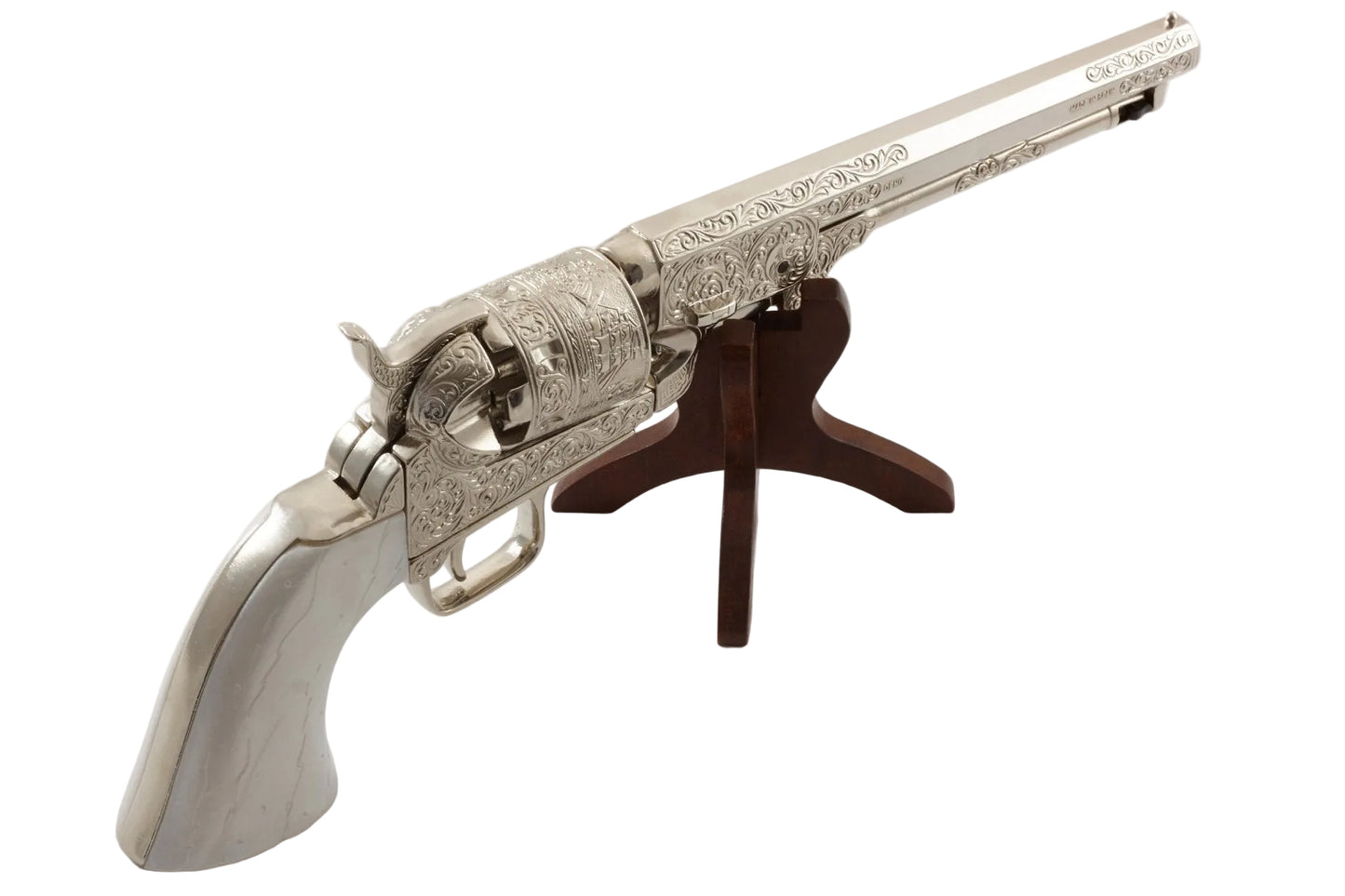 Close-up of scroll engraving on the silver frame and barrel of the M1851 Navy pistol replica