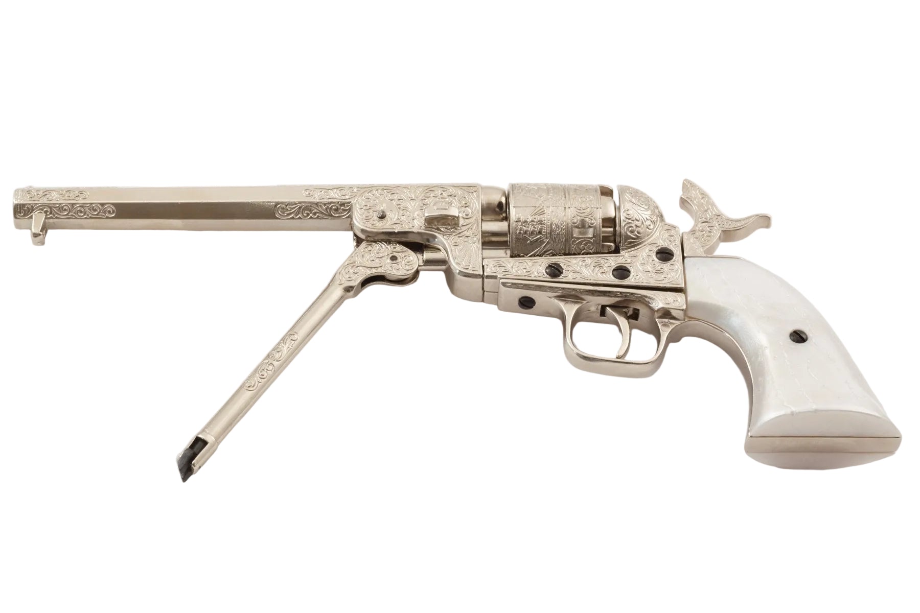 Seven-and-a-half-inch octagonal barrel on the engraved M1851 silver Navy pistol replica