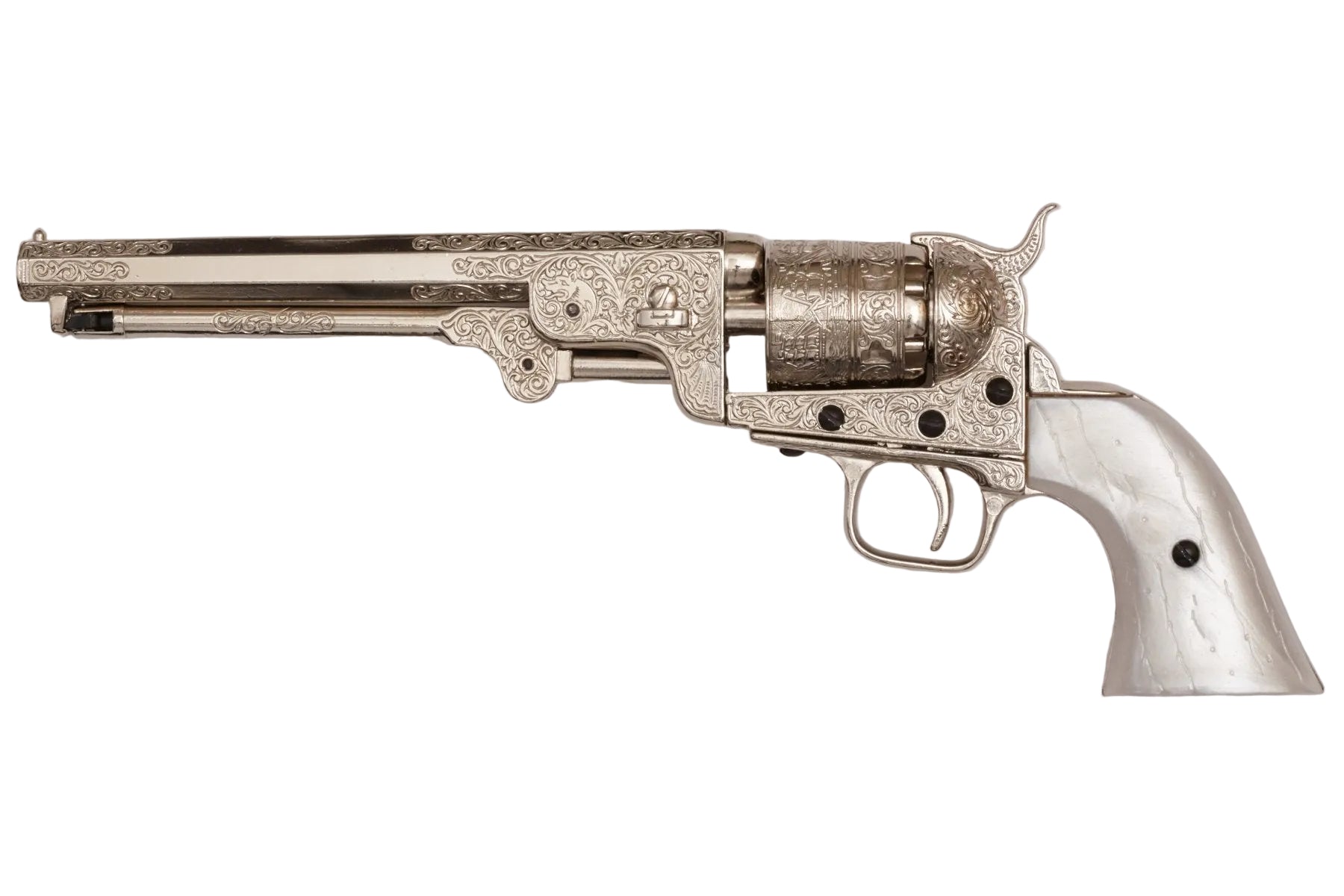 Left profile of the M1851 silver Navy pistol replica with an engraved frame and faux pearl grips