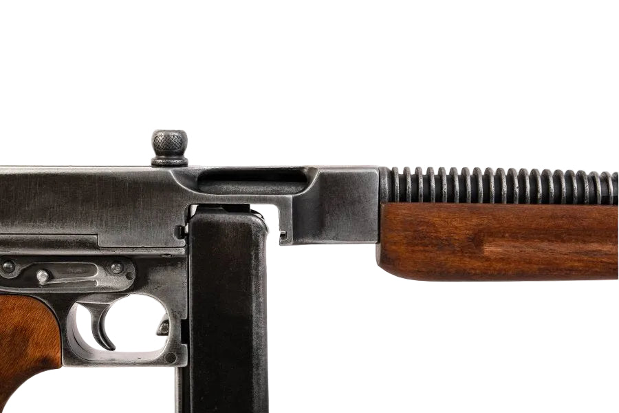 Close up of magazine on M1928 U.S. Submachine Gun military replica with realistic detail
