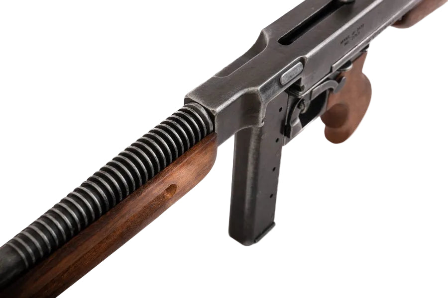 Barrel and iron sights of M1928 U.S. Submachine Gun military version replica for reenactment and film production