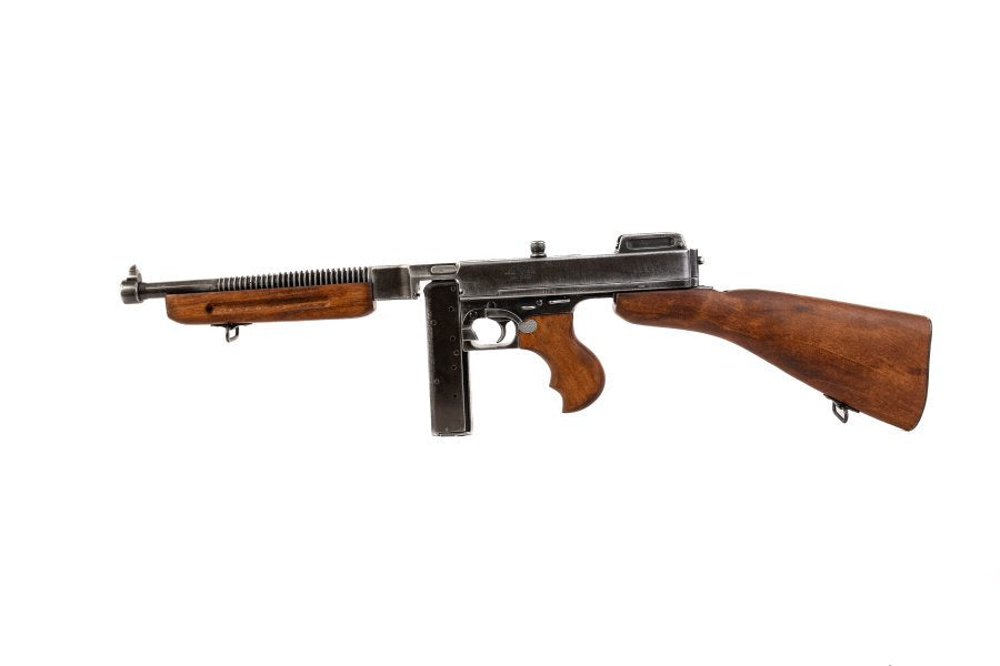 Full length view of M1928 U.S. Submachine Gun military version replica ideal for collectors and historical display