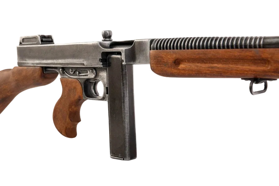 Detailed view of receiver and action on M1928 U.S. Submachine Gun military version replica