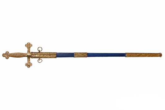 Denix Masonic ceremonial sword fully sheathed with royal blue scabbard and ornate gold-tone fittings