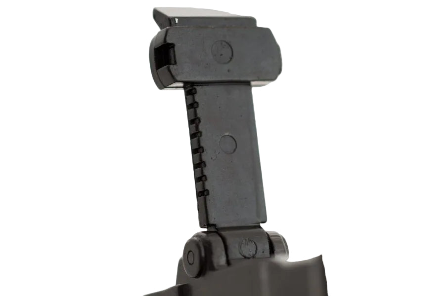 Top sight view of Denix Mauser C96 broomhandle replica pistol with realistic mechanical detailing