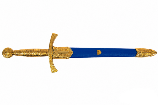 Denix medieval French dagger replica fully sheathed in its royal-blue scabbard with ornate gold-tone fittings