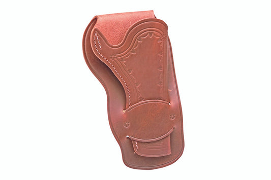 Brown leather holster with intricate designs on a white background