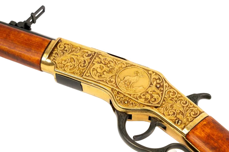 Model 1873 antique gold carbine replica with engraved receiver and wooden stock