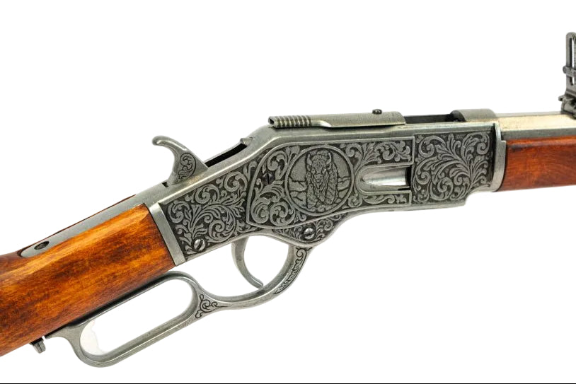 Denix Western 1873 carbine replica featuring decorative engraving and antique silver finish
