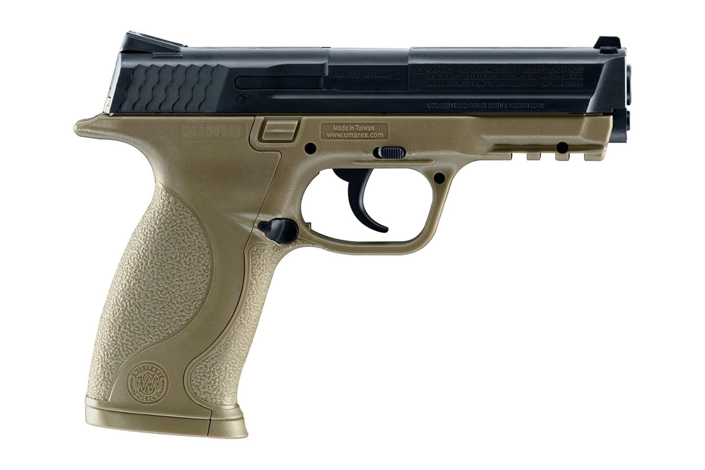 Two tone MP40 BB air pistol highlighting slide finish and markings