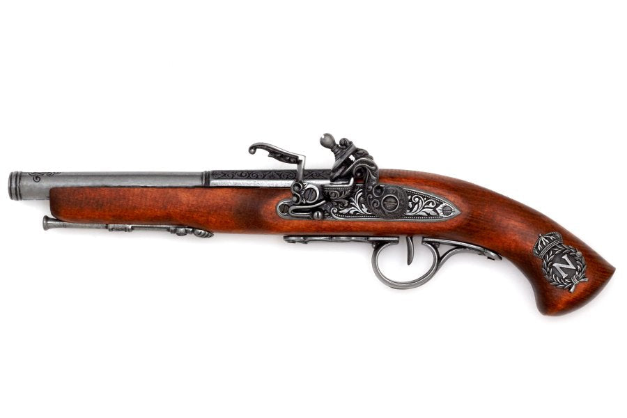 Full length left handed Napoleonic flintlock pistol replica with gray finish for collectors and historical displays