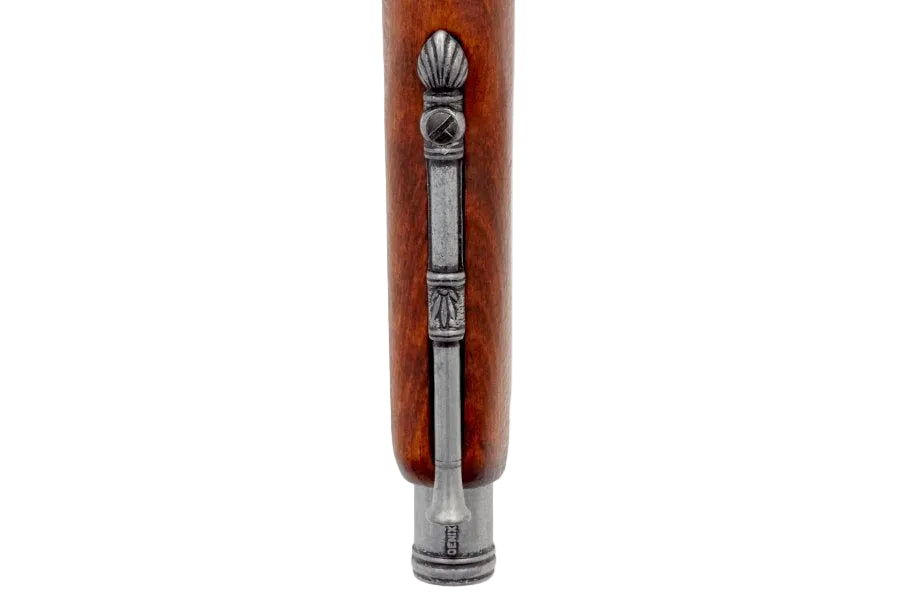 Front muzzle view of left handed Napoleonic flintlock pistol replica with traditional military appearance