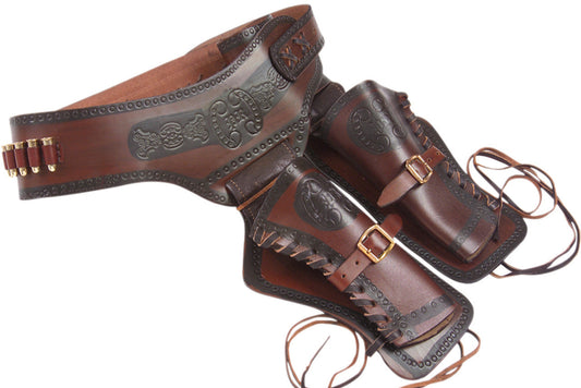 Brown leather holster with intricate designs on a white background
