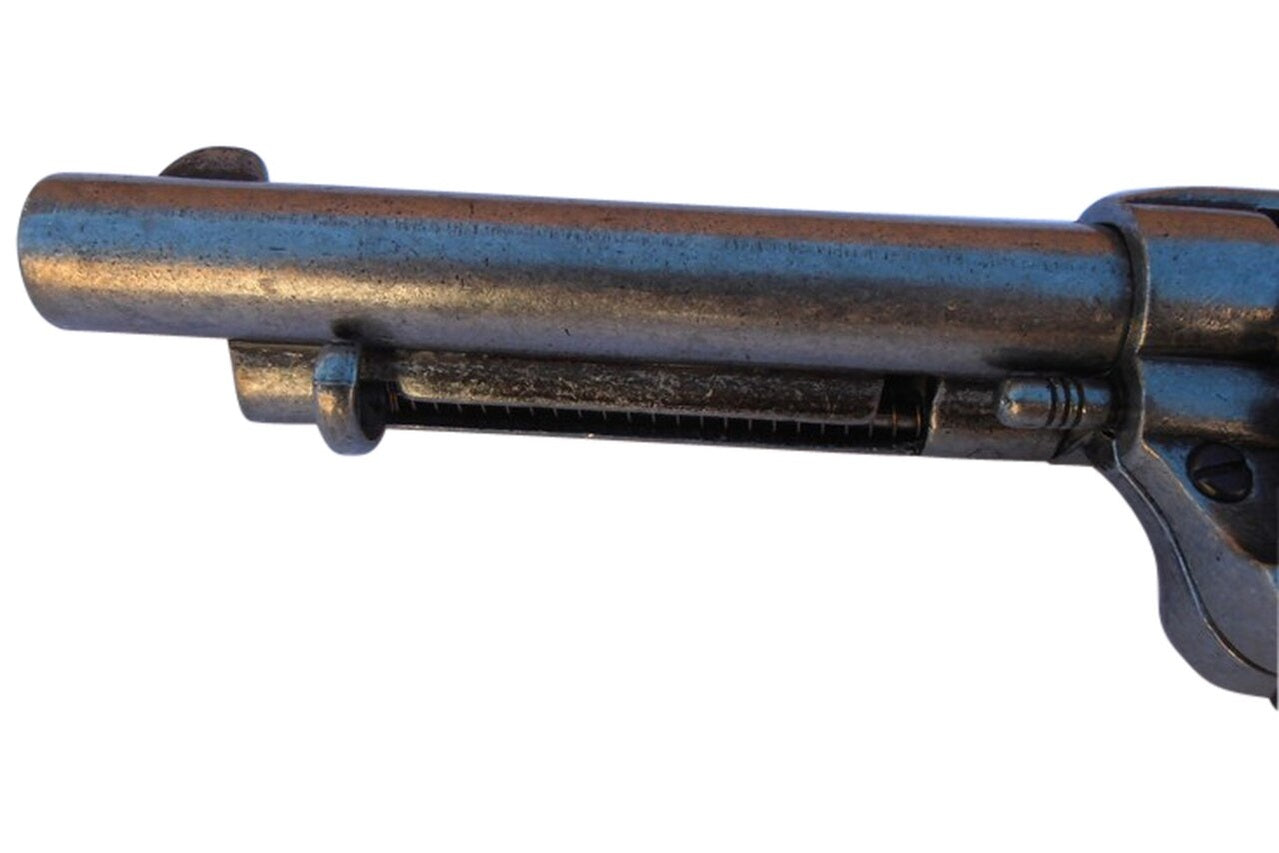 Barrel and front sight detail of Old West Frontier grey finish revolver non-firing gun