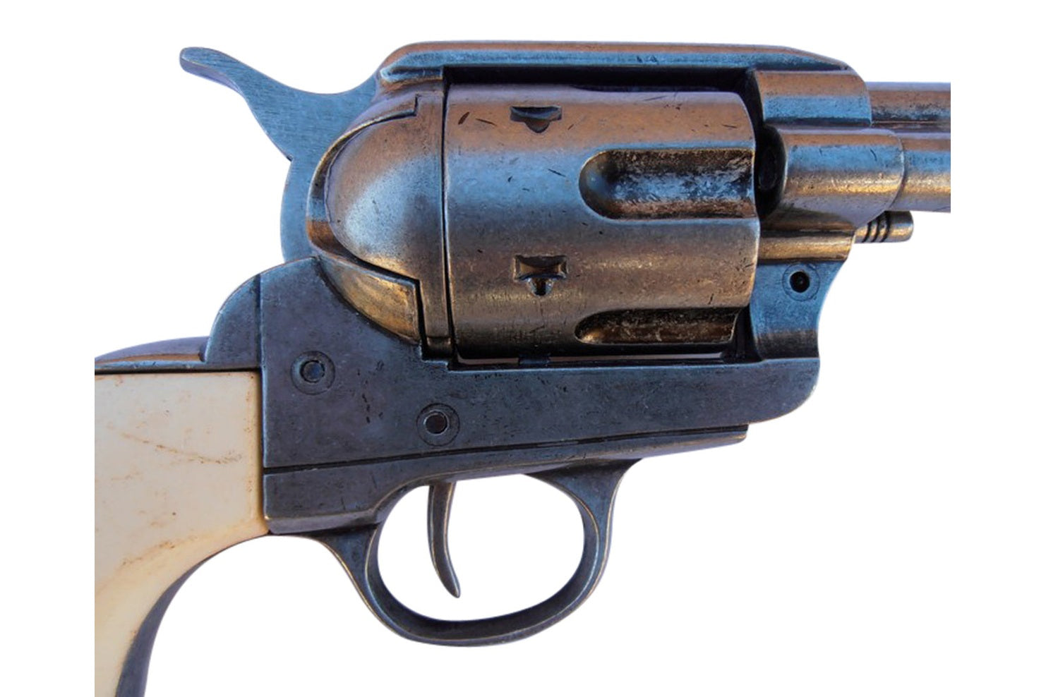Cylinder and hammer detail on Old West Frontier grey finish revolver non-firing replica