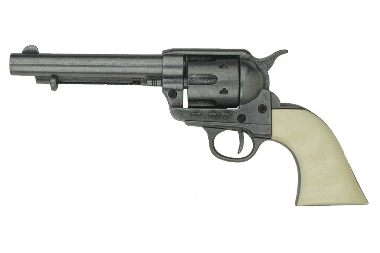 Full length view of Old West Frontier grey finish revolver non-firing replica with ivory grips