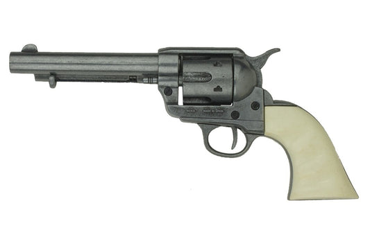 Full length view of Old West Frontier grey finish revolver non-firing replica with ivory grips