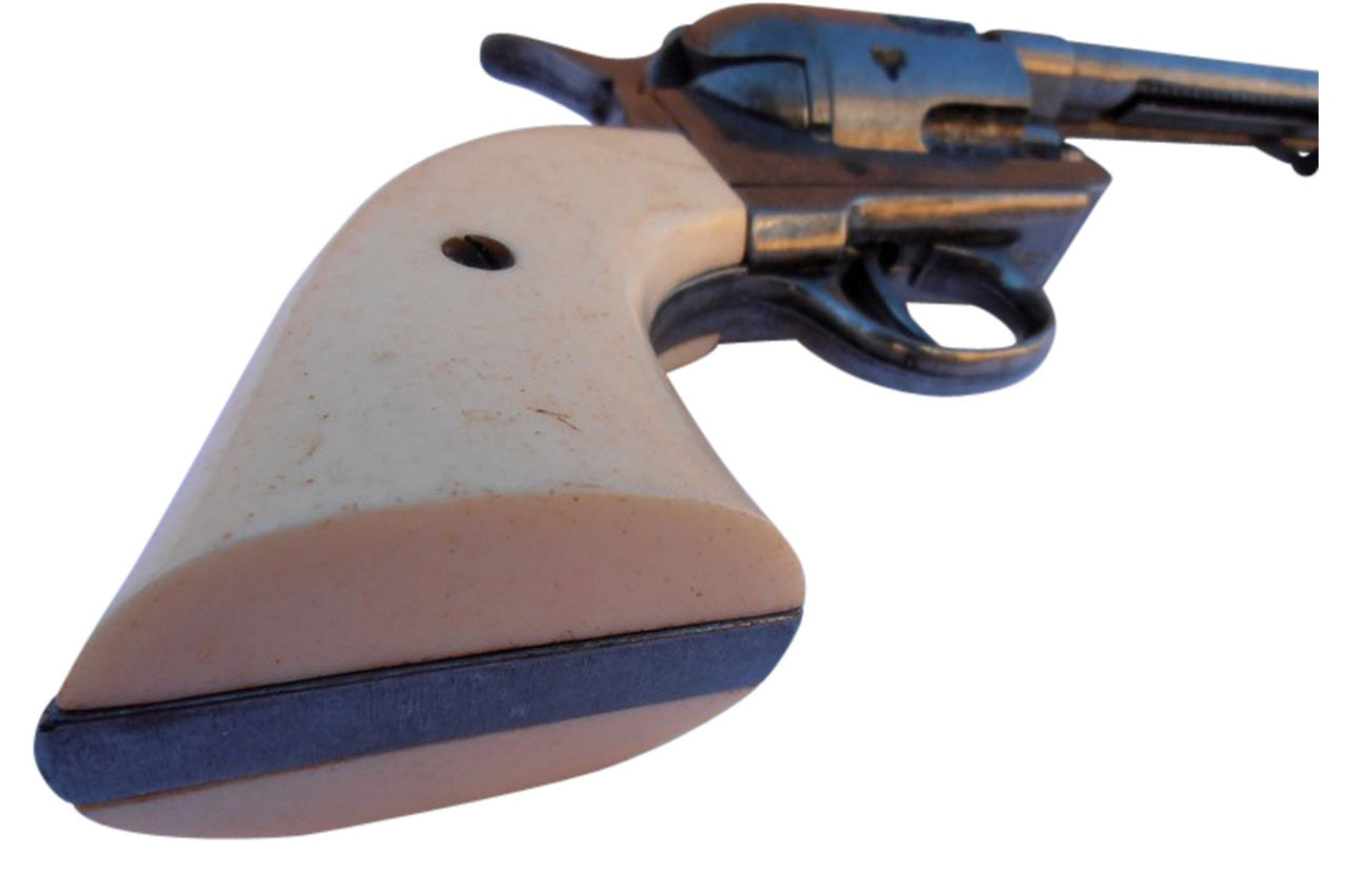 Close up grip detail of Old West Frontier grey finish revolver showing ivory style handle