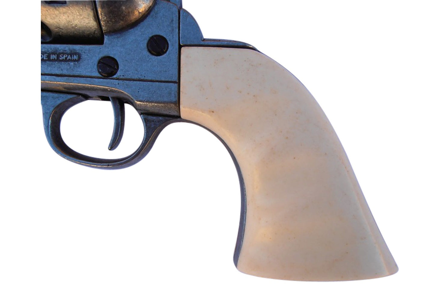 Focus on ivory style grips of Old West Frontier grey finish revolver replica