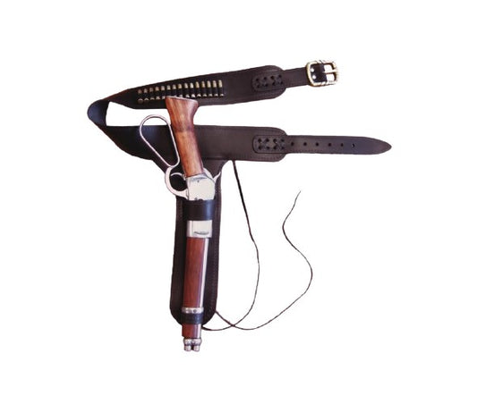 Wooden gun with leather holster on a white background