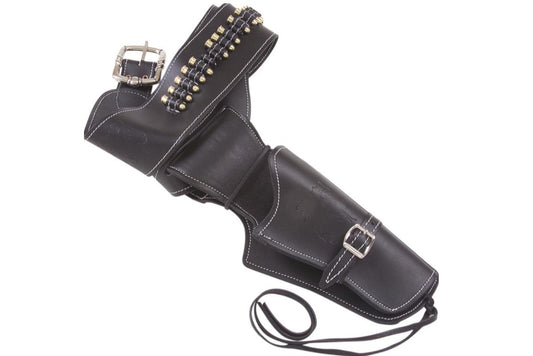 Black leather holster with studs and buckles on a white background