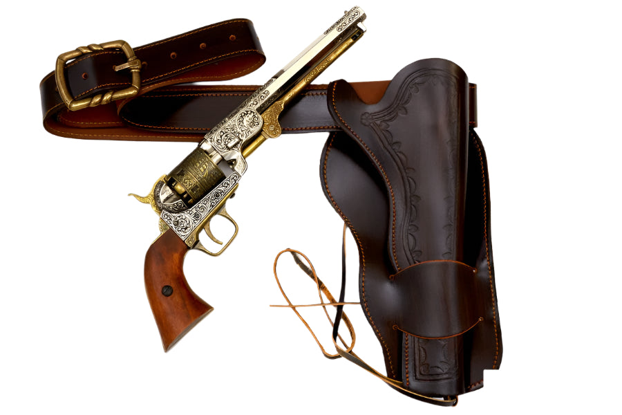 Western-style revolver with holster and belt on a white background, featuring Denix brand.