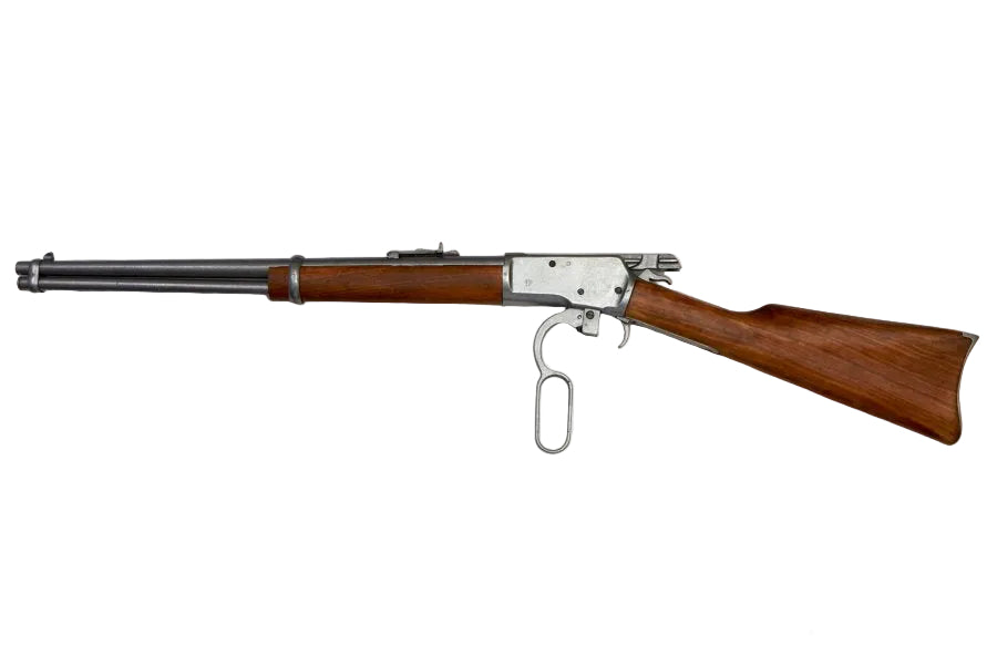 Old West style Winchester 1892 rifle replica with antiqued metal finish and classic design