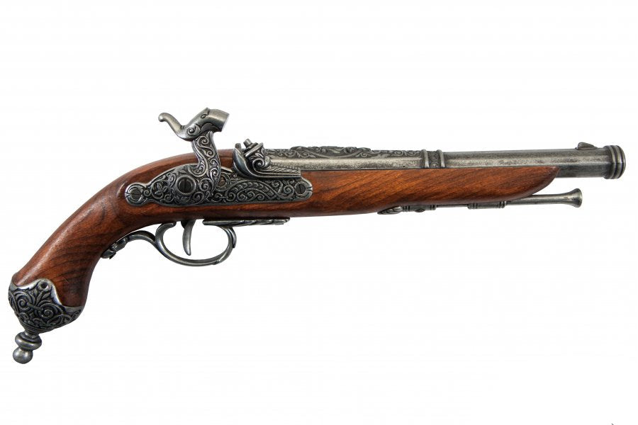 Percussion dueling pistol set arranged inside collector display case