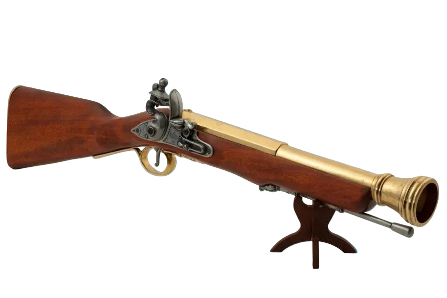 Wooden and brass firearm on a stand with 'Denix' branding.