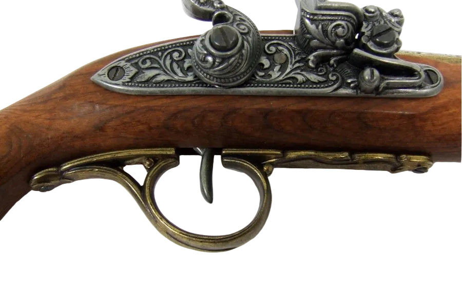 Pirate style brass flintlock pistol replica with classic curved grip and detailed engravings