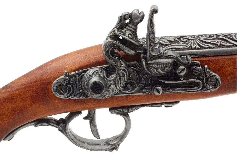 Pirate style grey flintlock non-firing replica gun with wood stock