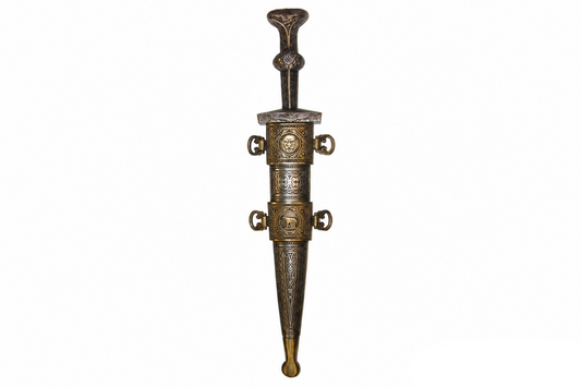 Denix Roman dagger replica fully sheathed with ornate metal scabbard and animal motifs