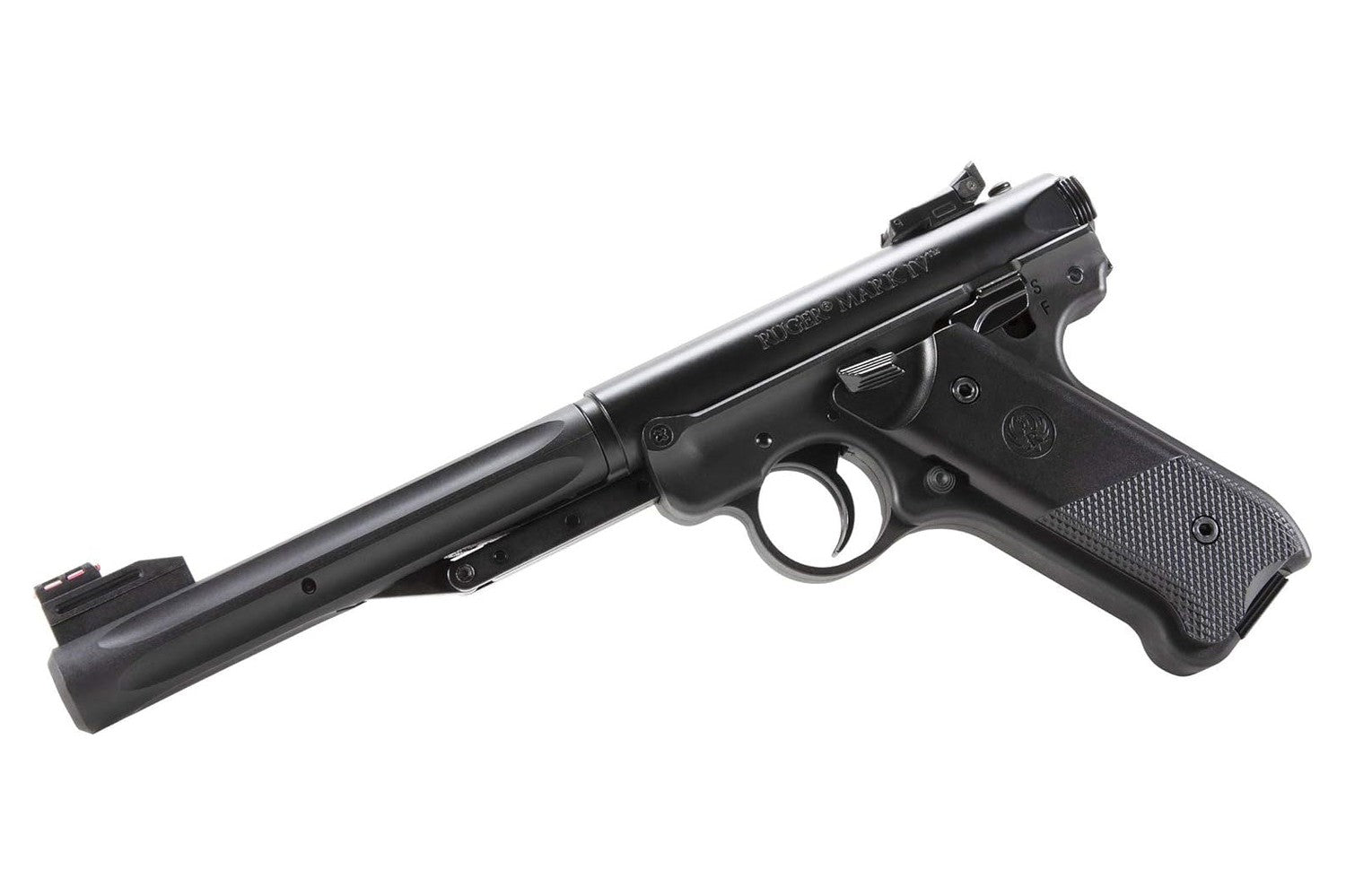 Ruger Mark IV air pistol top view highlighting barrel and sight alignment
