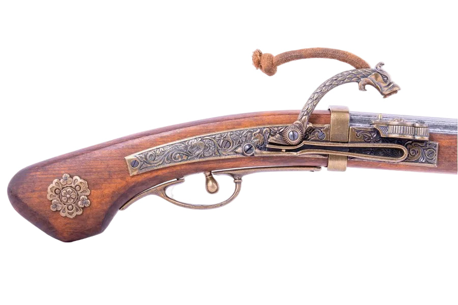 Samurai style Tanegashima matchlock rifle reproduction with realistic wood stock and decorative historical detailing