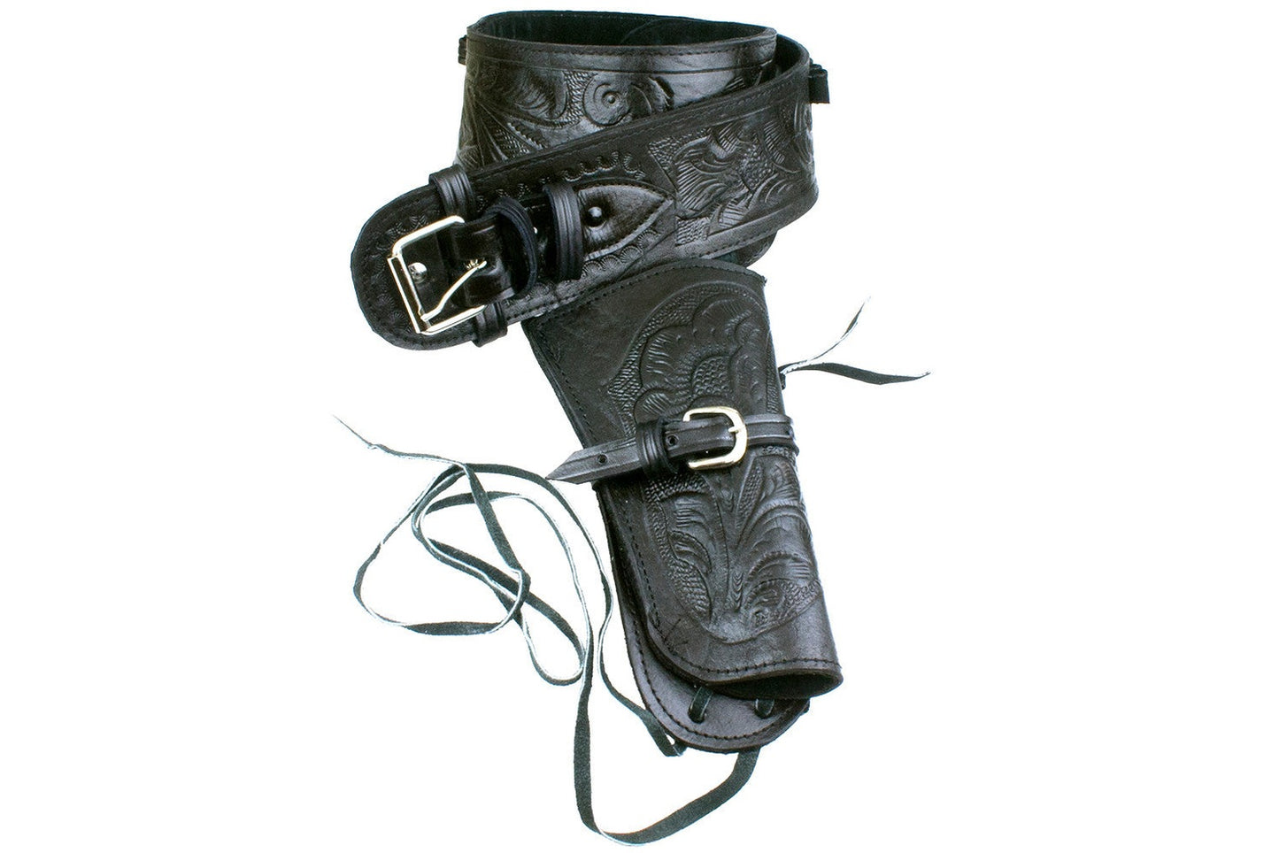 Black leather holster with intricate designs on a white background
