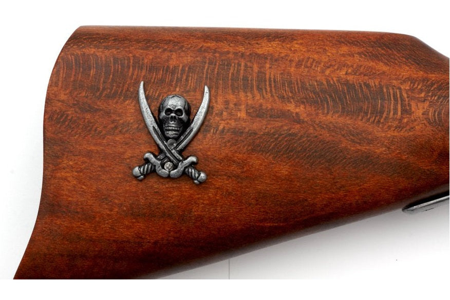 Wooden gun stock with a skull and crossbones emblem on a white background
