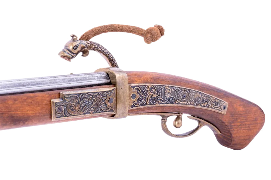 Japanese Tanegashima arquebus replica with long wooden body brass accents and historic matchlock mechanism
