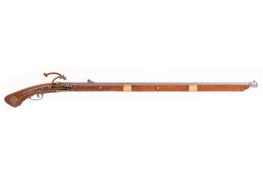 Japanese Tanegashima matchlock rifle replica modeled after 17th century Edo period firearms with long wooden stock and metal barrel