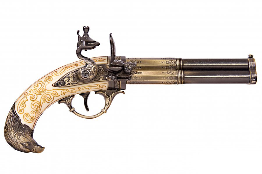 Three barrel flintlock pistol replica with brass finish and ivory grip