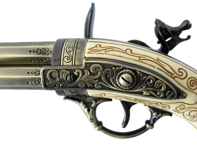 Side profile of three barrel flintlock pistol replica