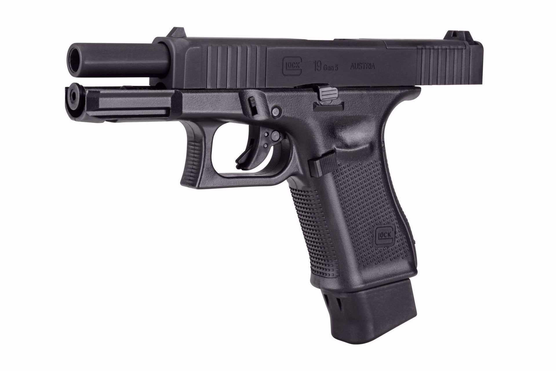 Umarex Glock 19 Gen5 MOS BB pistol close up of slide markings and trigger