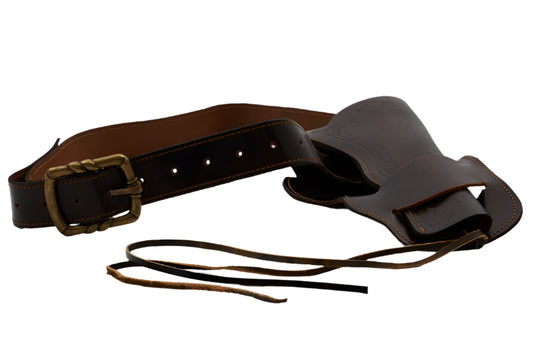 Brown leather belt with a brass buckle on a white background, featuring the Denix brand.