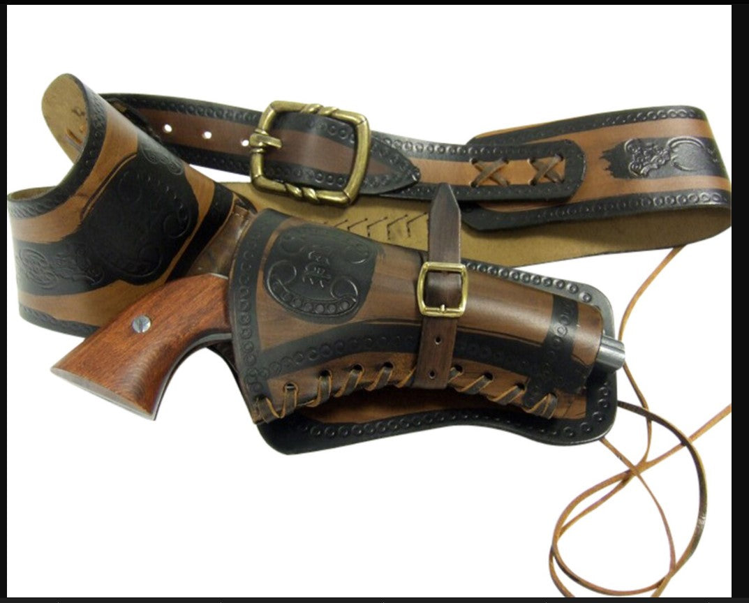 Decorative leather holster with a gun on a white background