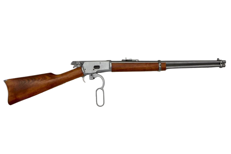 Winchester 1892 lever action rifle replica with antiqued finish and wood stock for Old West display
