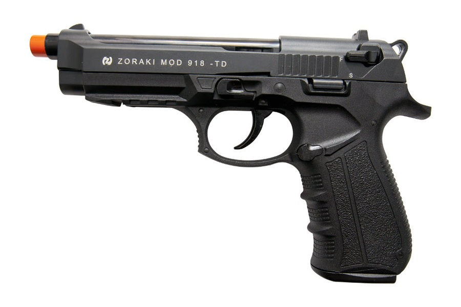 Zoraki 918 semi auto blank pistol in black finish shown in side profile 
