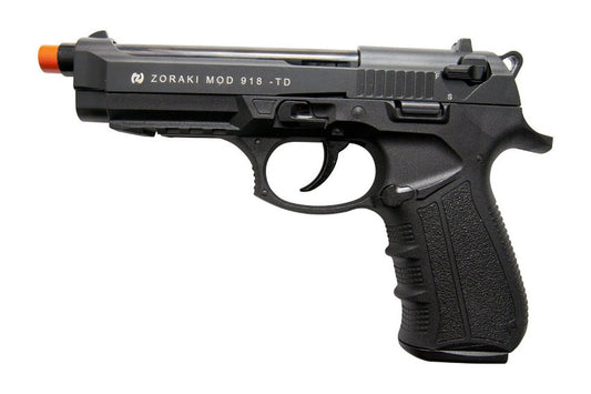 Zoraki 918 semi auto blank pistol in black finish shown in side profile 
